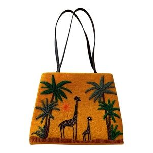 CHICO’S purse, all beaded, orange, safari theme. Vintage ‘90s, leather handles